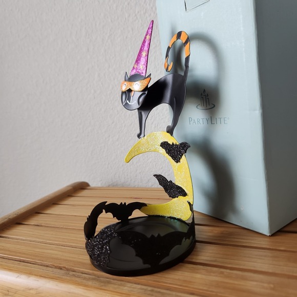 Halloween PartyLite Charmed Cat Tealight Votive Candle Holder Sparkly Witch Moon - Picture 3 of 10